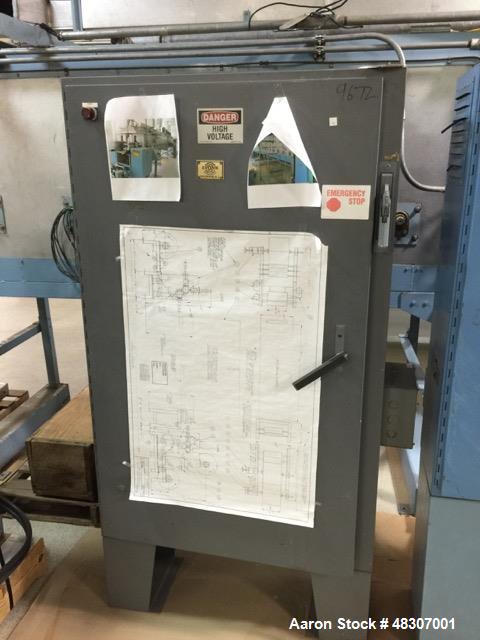 Used Lyons Pilot Coater/Laminator. 15" max coating width, 6" min. 30' oven, 304 SS, two zone, natural gas fired, 18" wide idler rolls. Nip fed three roll reverse roll coating station. Knife over roll...