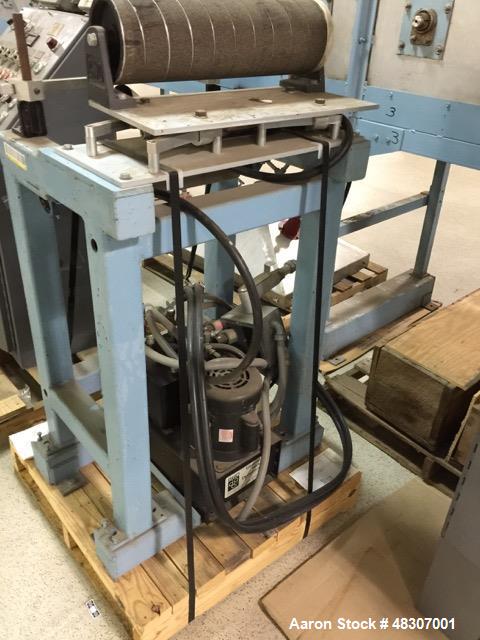 Used Lyons Pilot Coater/Laminator. 15" max coating width, 6" min. 30' oven, 304 SS, two zone, natural gas fired, 18" wide idler rolls. Nip fed three roll reverse roll coating station. Knife over roll...