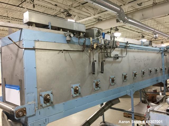 Used- Lyons Pilot Coater/Laminator. 15" max coating width, 6" min. 30' oven, 304 SS, two zone, natural gas fired, 18" wide i...