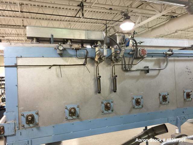 Used Lyons Pilot Coater/Laminator. 15" max coating width, 6" min. 30' oven, 304 SS, two zone, natural gas fired, 18" wide idler rolls. Nip fed three roll reverse roll coating station. Knife over roll...