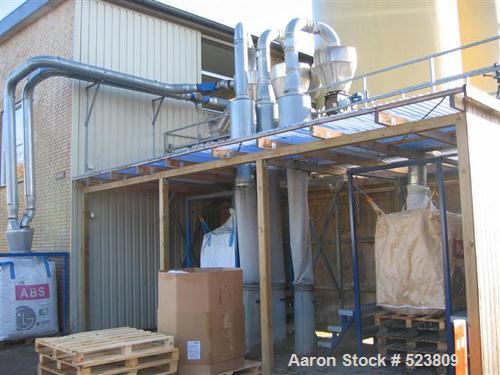USED: Plastic recycling plant with an inlet capacity of 1760 lbs(800 kgs) and an extruded output capacity of 825 lbs (375 kgs) perhour, consisting of: (1) Skals Maskinfabrik type KT case emptyingdevi...