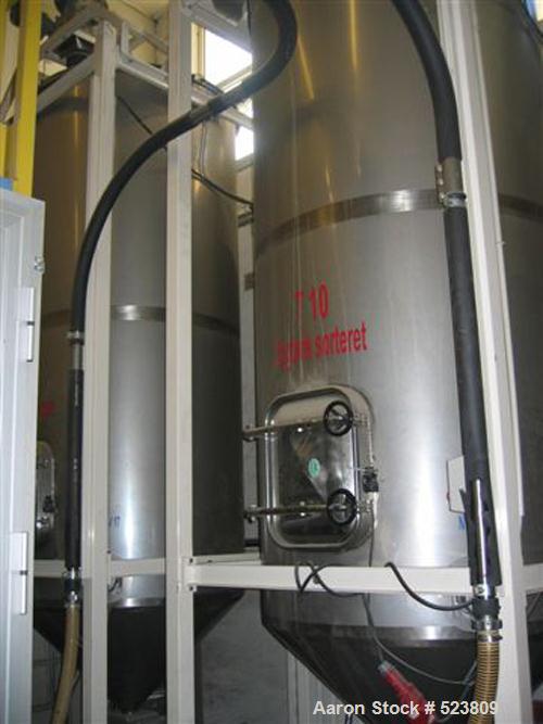 USED: Plastic recycling plant with an inlet capacity of 1760 lbs(800 kgs) and an extruded output capacity of 825 lbs (375 kgs) perhour, consisting of: (1) Skals Maskinfabrik type KT case emptyingdevi...