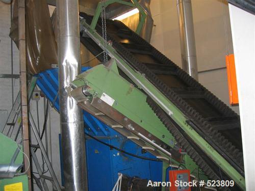 USED: Plastic recycling plant with an inlet capacity of 1760 lbs(800 kgs) and an extruded output capacity of 825 lbs (375 kgs) perhour, consisting of: (1) Skals Maskinfabrik type KT case emptyingdevi...