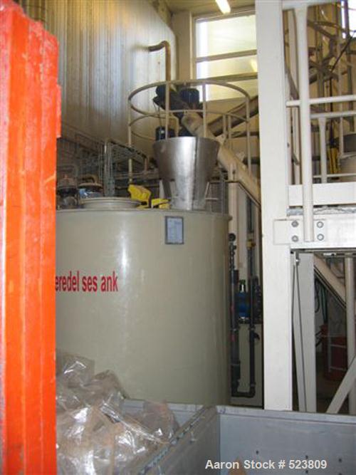 USED: Plastic recycling plant with an inlet capacity of 1760 lbs(800 kgs) and an extruded output capacity of 825 lbs (375 kgs) perhour, consisting of: (1) Skals Maskinfabrik type KT case emptyingdevi...