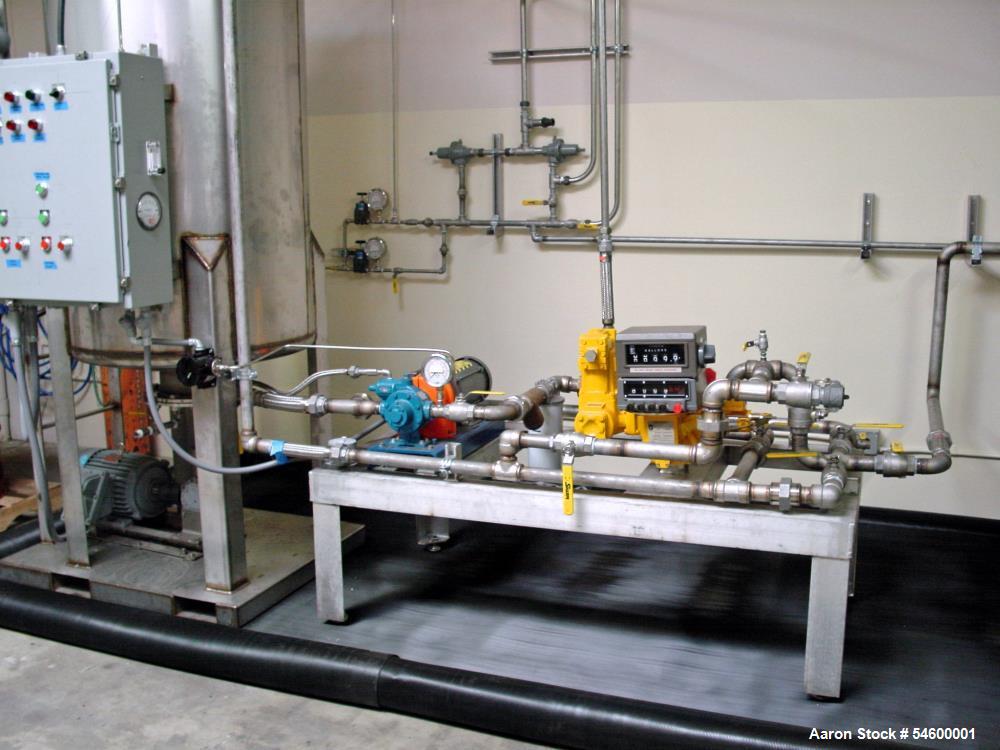 Used 220 Gallon Stainless Steel Petroleum Mixing Tank & Metered Transfer System – 5 HP Agitator with Blackmer Pump
