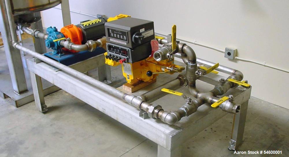 Used 220 Gallon Stainless Steel Petroleum Mixing Tank & Metered Transfer System – 5 HP Agitator with Blackmer Pump