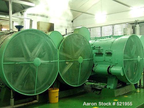 USED: 3 shell FMC rotary sterilizer plant consisting of: (1) FCM atmospheric heater with a capacity of 3008 cans, (1) FMC pressure cooker with a capacity of 2568 cans, (1) FMC pressure cooler with a ...