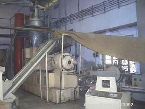 USED: Complete Mazzoni bar soap finishing line. Production capacity 5m tons per 8 hour shift. Batch amalgamotor, belt conveyor, extruder B-100/MRP-150 multi-refining plodder, cutter, ejector, flash s...