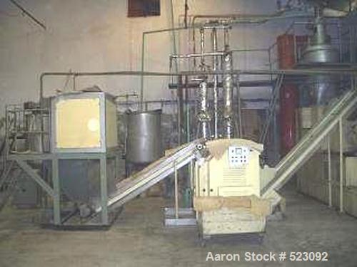 USED: Complete Mazzoni bar soap finishing line. Production capacity 5m tons per 8 hour shift. Batch amalgamotor, belt conveyor, extruder B-100/MRP-150 multi-refining plodder, cutter, ejector, flash s...