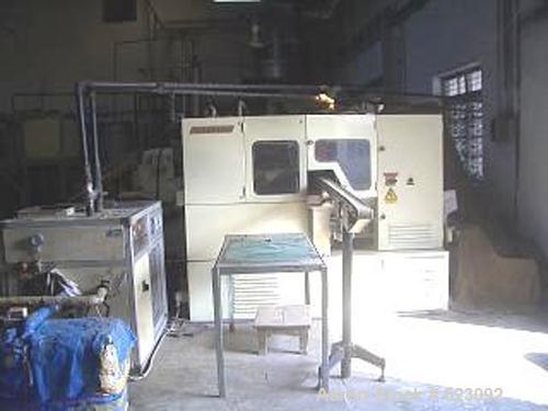 USED: Complete Mazzoni bar soap finishing line. Production capacity 5m tons per 8 hour shift. Batch amalgamotor, belt conveyor, extruder B-100/MRP-150 multi-refining plodder, cutter, ejector, flash s...