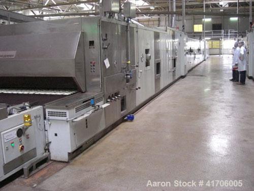 Used Mecatherm Baguette Line, output capacity 24,000 baguettes.Comprised of: (2) Mecatherm 2500 baguette lines dough divider, master roll, partial device for rolls, metal sheets transportation.(1) Cu...