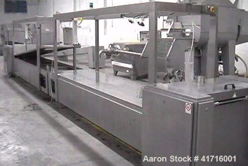 Used Moriondo Lasagna Line with a capacity of 551 - 661 lbs/hour (250-300 kg/h) consisting of:  Moriondo cooking line, stainless steel, length 29.5' (9000 mm), 19.5" (500 mm) conveyor belt width, cap...