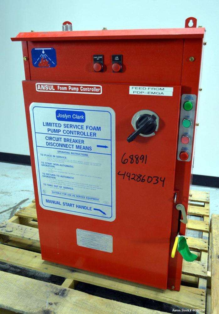 Used Ansul Foam Fire Suppression System Consisting Of: (1) Joslyn Clark Ansul Wall Mounted Fire Suppression System Foam Pump Controller, Model C6A1244F11, serial#240016. Maximum Water Pressure 300 ps...