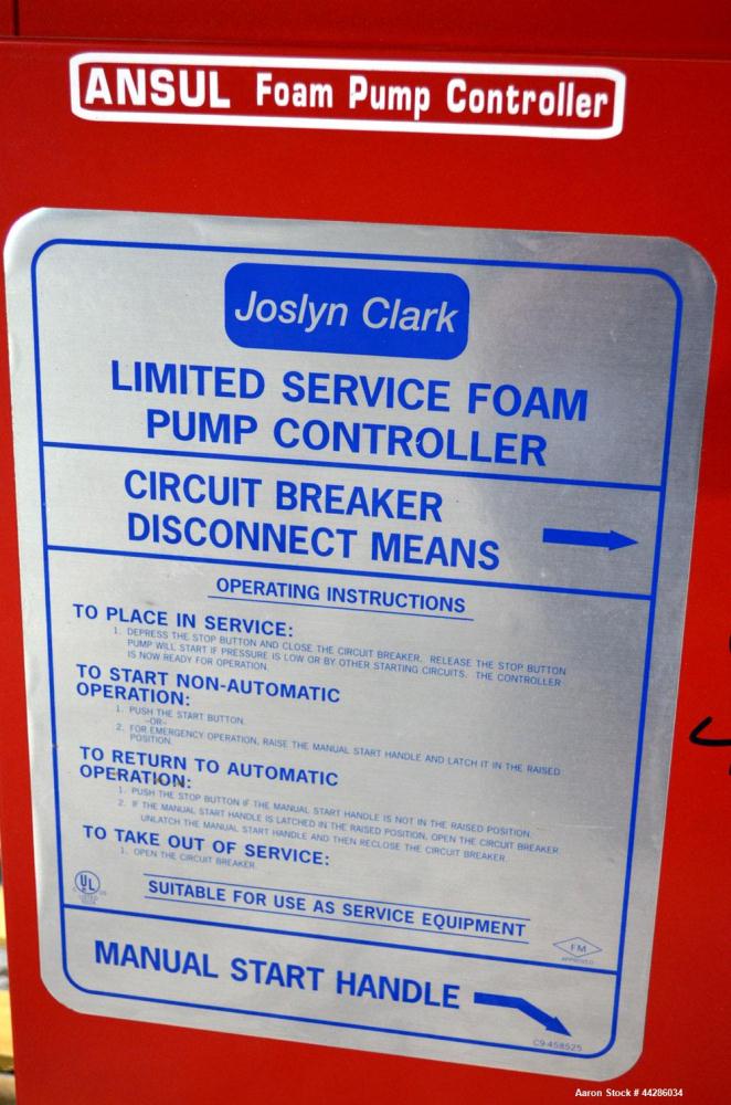 Used Ansul Foam Fire Suppression System Consisting Of: (1) Joslyn Clark Ansul Wall Mounted Fire Suppression System Foam Pump Controller, Model C6A1244F11, serial#240016. Maximum Water Pressure 300 ps...
