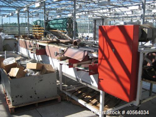 Used Vegetable Grading System, reportedly last used on tomatoes. Consists of 32 in wide grading belts, one 20 ft long, one 16 ft long, each with 3 side discharge belts. Also includes Cap Way inclined...
