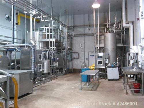 Used Complete Processing Line that fed a TetraPak A3 Flex Filler including:  Tetra Alsafe sterile tank 12,000 liter, apporixmately 3,000 gallon, rated 200 psi, jacketed, on scales, sweep mixer; Tetra...