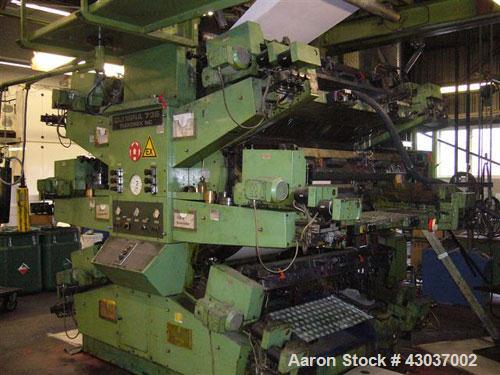 Used W&H Olympia NC 736 Flexo Printing Plant for HDPE and LDPE.  Comprised of:  (1) Flexo printing machine, 6 colors, material width 52" (1320 mm), maximum printing width 50" (1270 mm), gas drying, 2...
