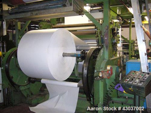 Used W&H Olympia NC 736 Flexo Printing Plant for HDPE and LDPE.  Comprised of:  (1) Flexo printing machine, 6 colors, material width 52" (1320 mm), maximum printing width 50" (1270 mm), gas drying, 2...