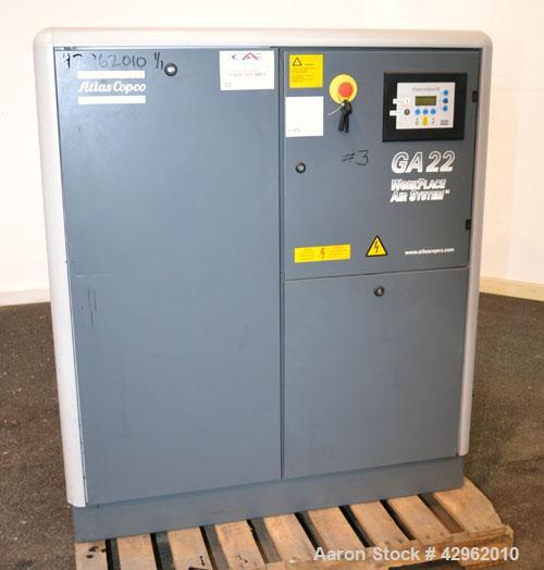 Used Atlas Copco Oil-Injected Rotary Screw Compressor, Model GA22. Air cooled, rated 119.5 CFM at 131 psi. Driven by a 22kw (30hp), 3/60/440-460 volt,3560 rpm motor. Includes a radial fan, oil separa...
