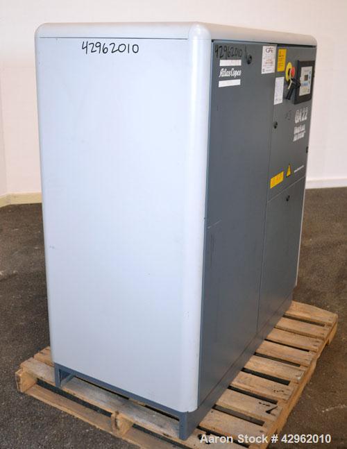 Used Atlas Copco Oil-Injected Rotary Screw Compressor, Model GA22. Air cooled, rated 119.5 CFM at 131 psi. Driven by a 22kw (30hp), 3/60/440-460 volt,3560 rpm motor. Includes a radial fan, oil separa...