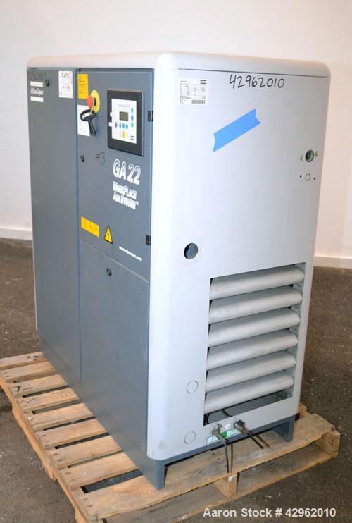 Used Atlas Copco Oil-Injected Rotary Screw Compressor, Model GA22. Air cooled, rated 119.5 CFM at 131 psi. Driven by a 22kw (30hp), 3/60/440-460 volt,3560 rpm motor. Includes a radial fan, oil separa...