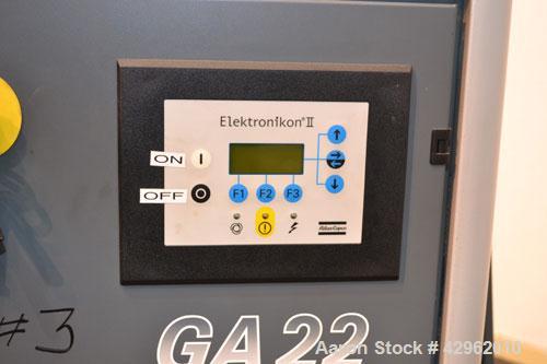 Used Atlas Copco Oil-Injected Rotary Screw Compressor, Model GA22. Air cooled, rated 119.5 CFM at 131 psi. Driven by a 22kw (30hp), 3/60/440-460 volt,3560 rpm motor. Includes a radial fan, oil separa...