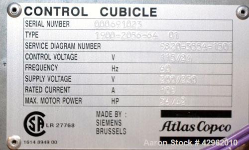 Used Atlas Copco Oil-Injected Rotary Screw Compressor, Model GA22. Air cooled, rated 119.5 CFM at 131 psi. Driven by a 22kw (30hp), 3/60/440-460 volt,3560 rpm motor. Includes a radial fan, oil separa...