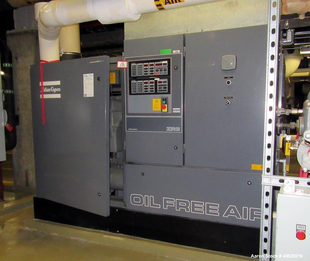 Used Atlas Copco Water Cooled Oil Free Rotary Screw Compressor, Model ZR 3-63. Approximate capacity 790 CFM, 125 psi. Driven by a 200hp, 3/60/460 volt, 3580 rpm motor. With Elektronikon panel, serial...