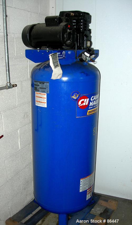 Used Campbell Hausfeld reciprocating tank mounted air compressor, model VT619503AJ. Approximate 11.7 acfm at 40 psig, 10.2 cfm at 90 psi. Driven by an approximate 5 hp motor. 1/60/240 volt. Mounted o...