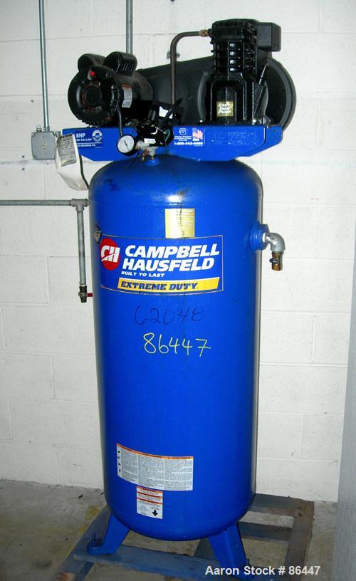 Used Campbell Hausfeld reciprocating tank mounted air compressor, model VT619503AJ. Approximate 11.7 acfm at 40 psig, 10.2 cfm at 90 psi. Driven by an approximate 5 hp motor. 1/60/240 volt. Mounted o...
