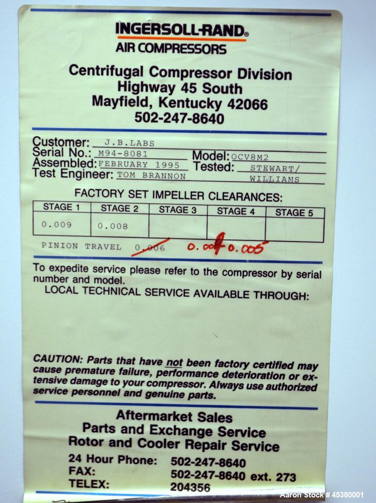 Used Ingersoll-Rand Centac Water Cooled Centrifugal Air Compressor, Model OCV8M