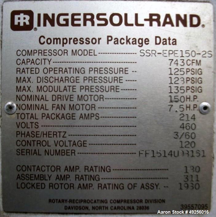 Used Ingersoll Rand Rotary Screw Air Compressor, Model SSR-EPE150