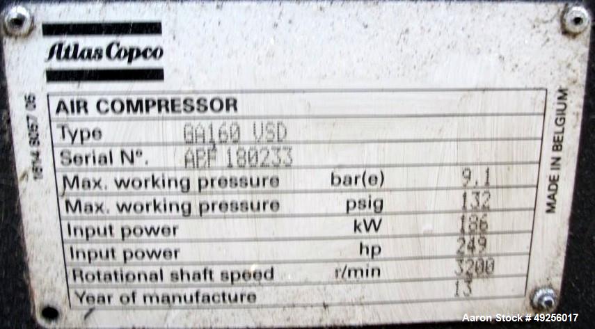 Used- Atlas Copco Rotary Screw Air Compressor, Type GA 160 VSD.
