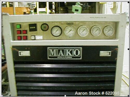USED: MAKO model 5406-10E3 multistage air cooled compressor, 11 scfm @2100 psig, 10 hp, 480V motor. Interstage with final separator, aircleaner with silencer, interstage coolers, gauge panel, hour me...