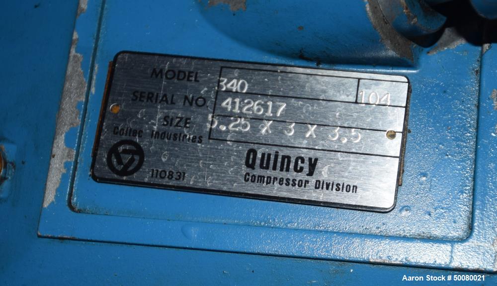 Used Quincy 2 Stage Air Cooled Compressor, Model 340, Size 5.25 x 3 x 3.5. Driven by a 10hp motor. Serial# 412617.