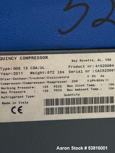 Used Quincy QGS-15 Rotary Screw Air Compressor – 15 HP, 120 Gallon Tank