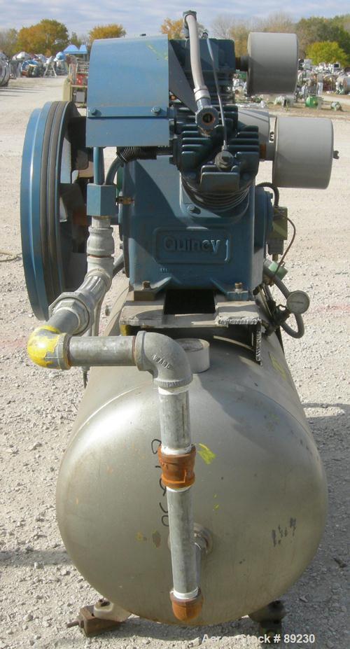 USED: Quincy single stage, oil-less, reciprocating air compressor, model QRDS-15U. (3) Cylinders, approximately 53 scfm at 1020 rpm at 75 psi. Driven by a 15 hp, 3/60/208-230/460 volt, 1760 rpm motor...