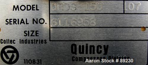 USED: Quincy single stage, oil-less, reciprocating air compressor, model QRDS-15U. (3) Cylinders, approximately 53 scfm at 1020 rpm at 75 psi. Driven by a 15 hp, 3/60/208-230/460 volt, 1760 rpm motor...