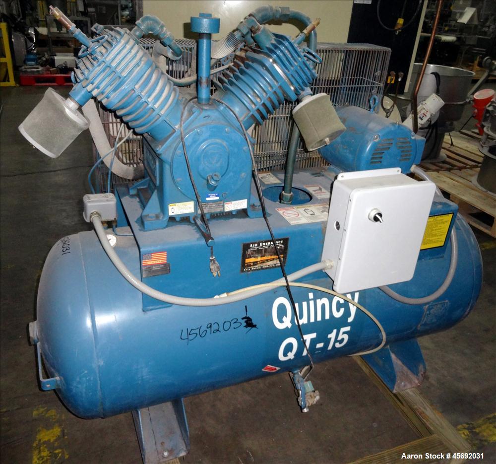 Used Quincy QT-15 Series Two Stage Reciprocating Air Compressor. Air Cooled. 32.10 cfm at 175 psi at minimum rpm, 62 cfm at 175 psi at maximum rpm. Belt driven by 10 hp, 1725 rpm, 3/60/208-230/460 vo...