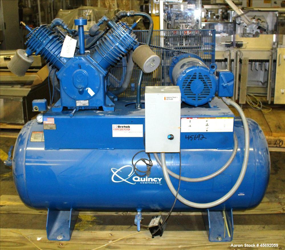 Used Quincy QT-15 Series Two Stage Reciprocating Air Compressor. Air Cooled. 32.10 cfm at 175 psi at minimum rpm, 62 cfm at 175 psi at maximum rpm. Belt driven by 15 hp, 1760 rpm, 3/60/208-230/460 vo...