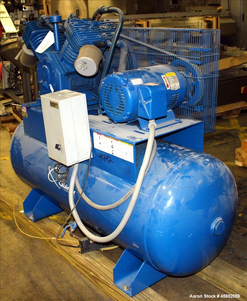 Used Quincy QT-15 Series Two Stage Reciprocating Air Compressor. Air Cooled. 32.10 cfm at 175 psi at minimum rpm, 62 cfm at 175 psi at maximum rpm. Belt driven by 15 hp, 1760 rpm, 3/60/208-230/460 vo...