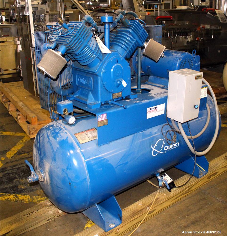 Used- Quincy QT-15 Series Two Stage Reciprocating Air Compressor. Air Cooled. 32.10 cfm at 175 psi at minimum rpm, 62 cfm at...