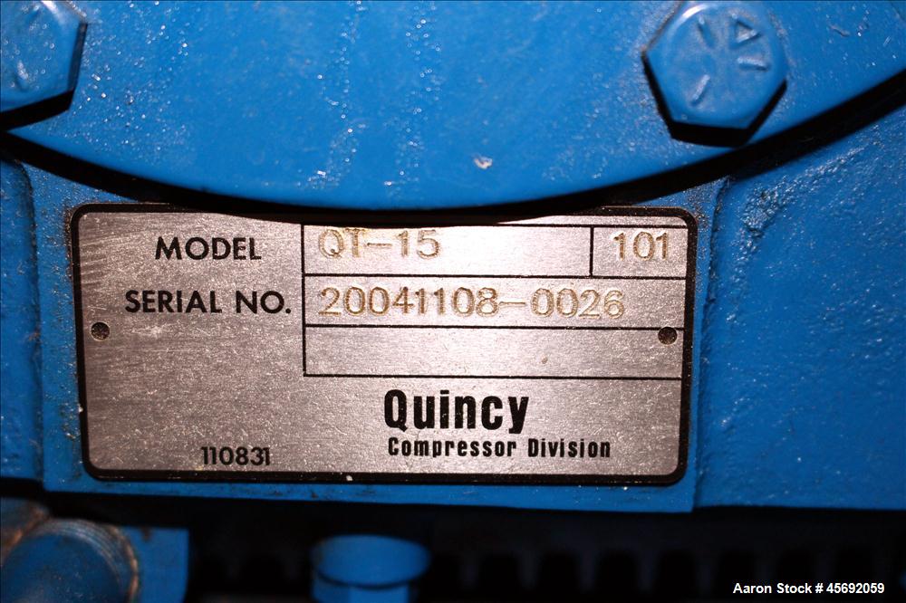Used Quincy QT-15 Series Two Stage Reciprocating Air Compressor. Air Cooled. 32.10 cfm at 175 psi at minimum rpm, 62 cfm at 175 psi at maximum rpm. Belt driven by 15 hp, 1760 rpm, 3/60/208-230/460 vo...