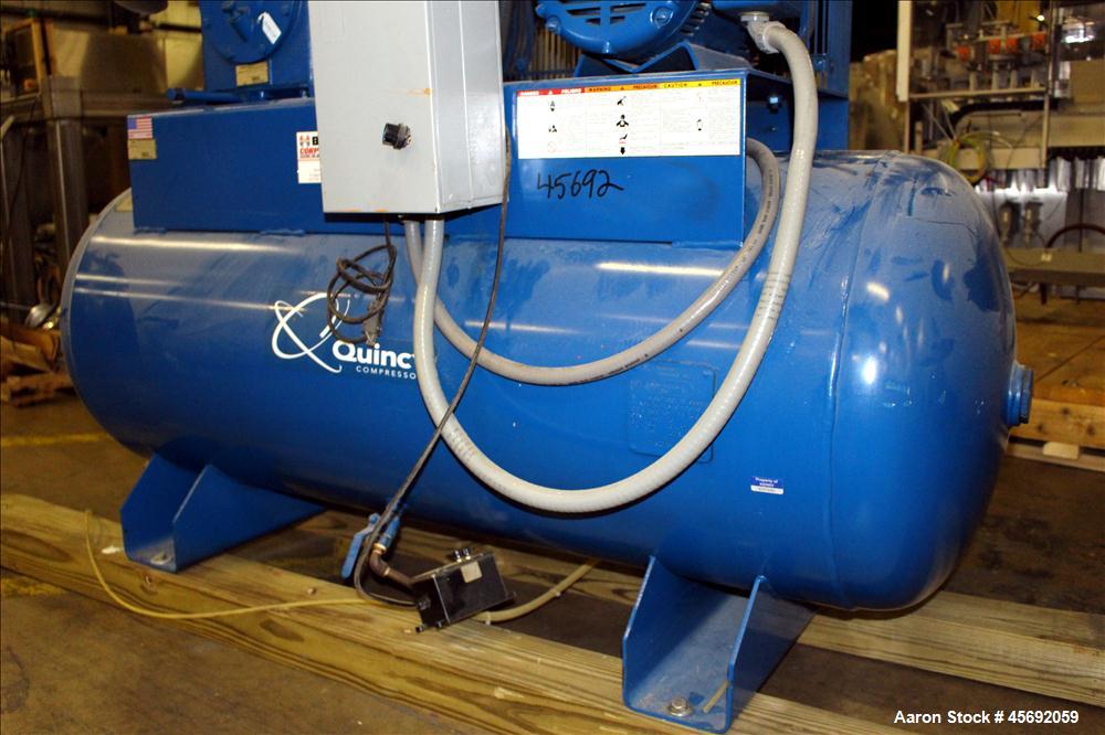 Used Quincy QT-15 Series Two Stage Reciprocating Air Compressor. Air Cooled. 32.10 cfm at 175 psi at minimum rpm, 62 cfm at 175 psi at maximum rpm. Belt driven by 15 hp, 1760 rpm, 3/60/208-230/460 vo...