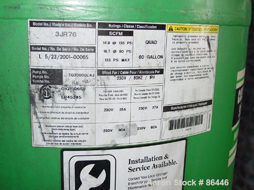 Used Speedaire reciprocating tank mounted air compressor, model 3JR76. Approximate 14.9 acfm at 135 psig, 16.7 cfm at 90 psi. Driven by an approximate 5 hp motor. 1/60/230 volt. Mounted on a 60 gallo...