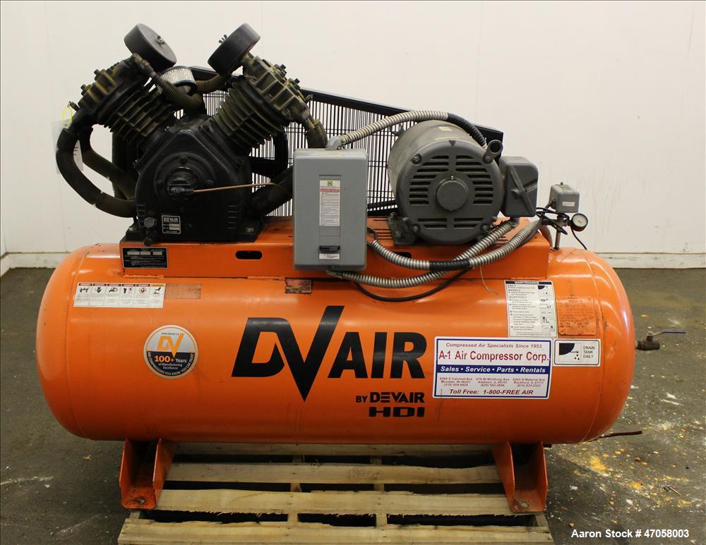 Used DeVair Piston Air Compressor, Model VAV-5062-43MS, 120 Gallon. Maximum pressure 175 psi. 51.8 CFM at 175 psi. Devair 447 Series compressor pump, serial# 13291. Driven by a 15hp, 3/60/208-230/460...