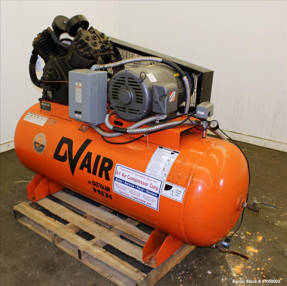 Used DeVair Piston Air Compressor, Model VAV-5062-43MS, 120 Gallon. Maximum pressure 175 psi. 51.8 CFM at 175 psi. Devair 447 Series compressor pump, serial# 13291. Driven by a 15hp, 3/60/208-230/460...