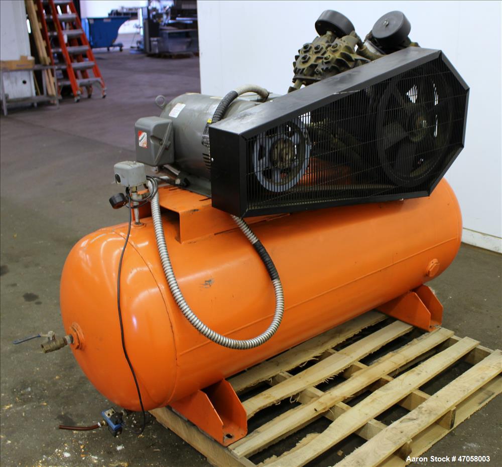 Used DeVair Piston Air Compressor, Model VAV-5062-43MS, 120 Gallon. Maximum pressure 175 psi. 51.8 CFM at 175 psi. Devair 447 Series compressor pump, serial# 13291. Driven by a 15hp, 3/60/208-230/460...