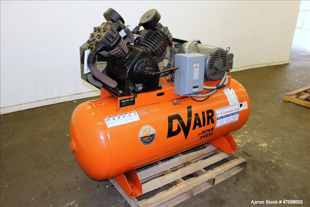 Used DeVair Piston Air Compressor, Model VAV-5062-43MS, 120 Gallon. Maximum pressure 175 psi. 51.8 CFM at 175 psi. Devair 447 Series compressor pump, serial# 13291. Driven by a 15hp, 3/60/208-230/460...
