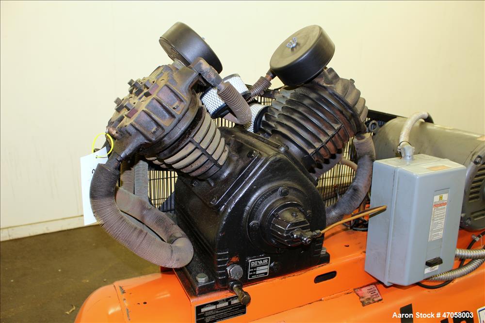 Used DeVair Piston Air Compressor, Model VAV-5062-43MS, 120 Gallon. Maximum pressure 175 psi. 51.8 CFM at 175 psi. Devair 447 Series compressor pump, serial# 13291. Driven by a 15hp, 3/60/208-230/460...